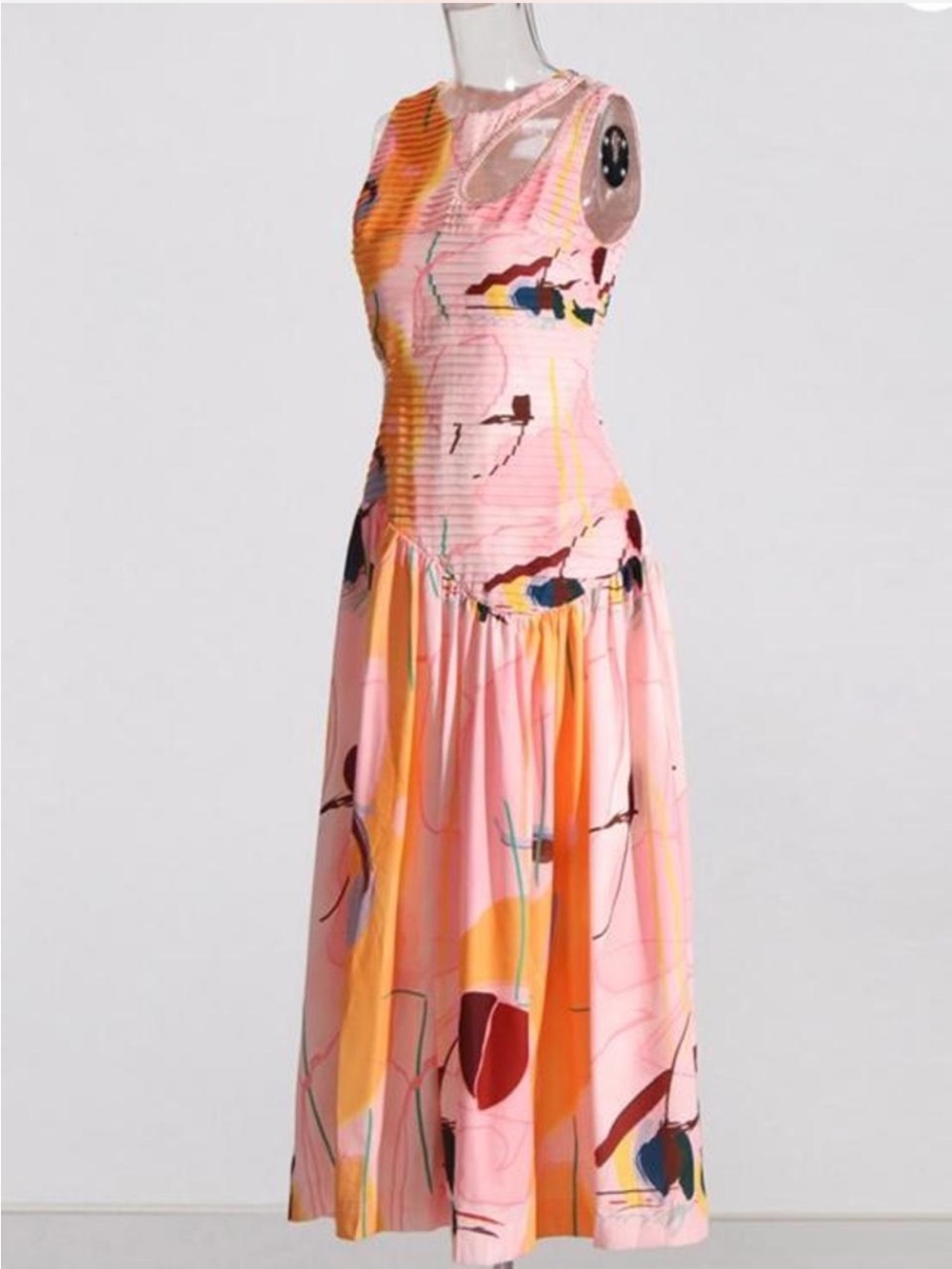Designer Inspired Pink Abstract Print Sleeveless Midi Dress - Size M